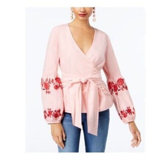 INC International Concepts Floral Embroidery Tie Waist Striped Blouse Top XL - Picture 1 of 10